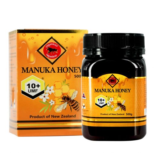 organicer manuka honey 10 plus 500 gram bottle and packging box front side