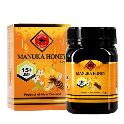 organicer manuka honey 15 plus 500 gram bottle and packging box front side